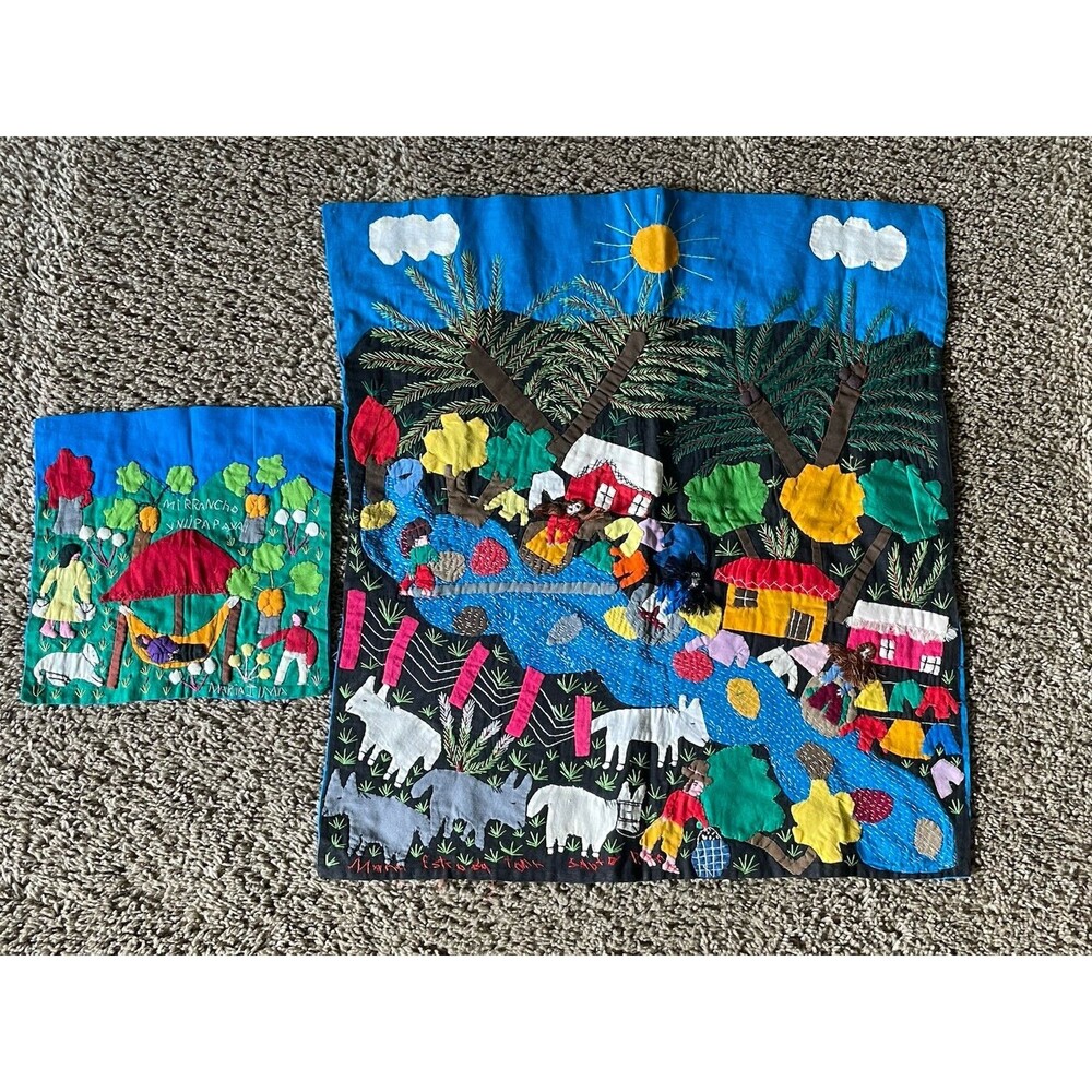 Vtg Colombian Arpillera Textile Lot Folk Art Handmade Signed Wall Hanging 3D